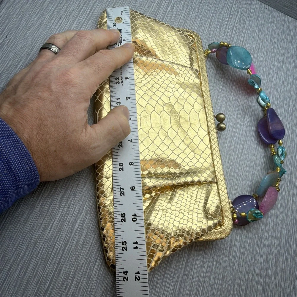 Donald J Pliner Gold‎ Metallic Clutch Bag Snakeskin Beaded Handle Evening